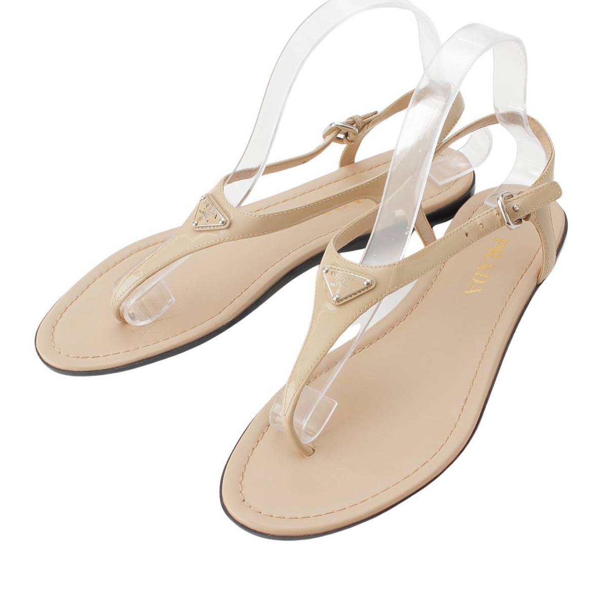 [PRADA] Prada Triangle Logo Patent Leather Strap Flat Sandals Beige 38.5 [Used] [Authenticated and Guaranteed Authentic] 214799