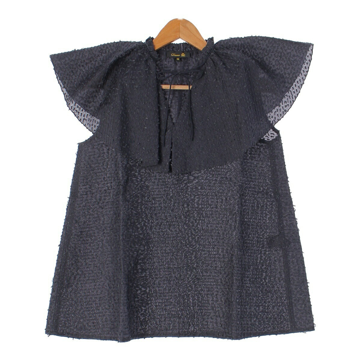 Drawer Organ Border Ruffle Collar Silk x Nylon Blouse Dark Navy Size 36 [Used] [Authentic Product Guaranteed]