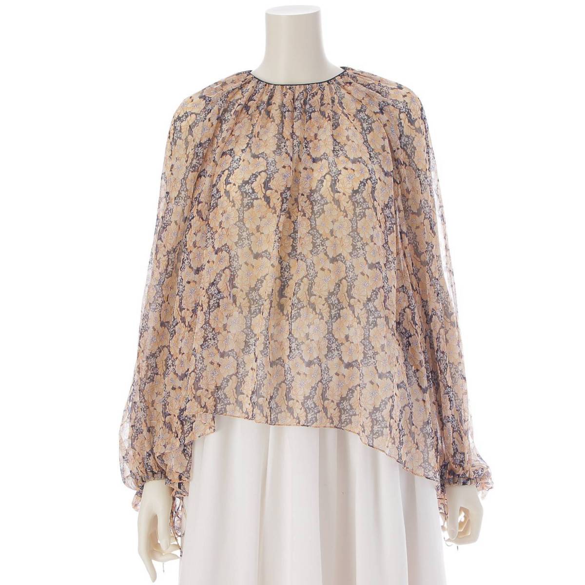 [Drawer] DRAWER Balloon Sleeve Silk See-Through Pullover Blouse Black x Beige 36 [Used] [Authenticated and Guaranteed Authentic] 214857