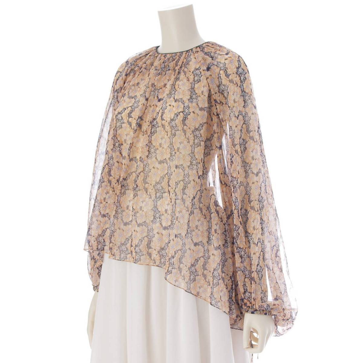 [Drawer] DRAWER Balloon Sleeve Silk See-Through Pullover Blouse Black x Beige 36 [Used] [Authenticated and Guaranteed Authentic] 214857