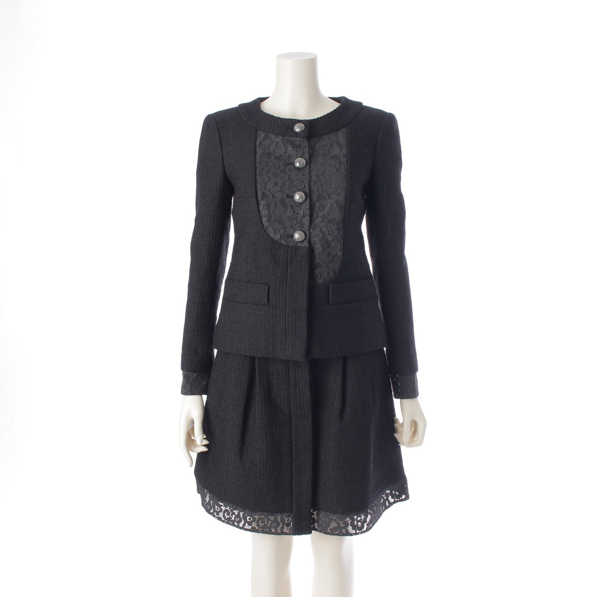 Chanel Tweed Lace Collarless Jacket Set P51026 P51112 Black 36/38