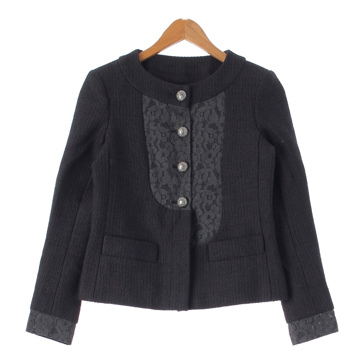 Chanel Tweed Lace Collarless Jacket Set P51026 P51112 Black 36/38