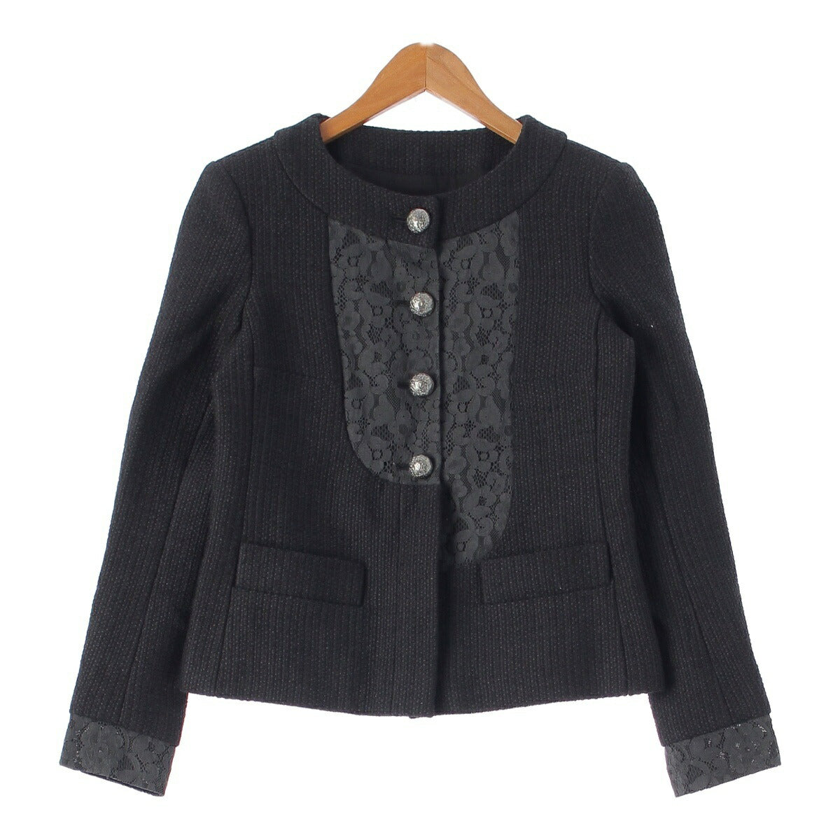 Chanel Tweed Lace Collarless Jacket Set P51026 P51112 Black 36/38 [Used] [Authentic]