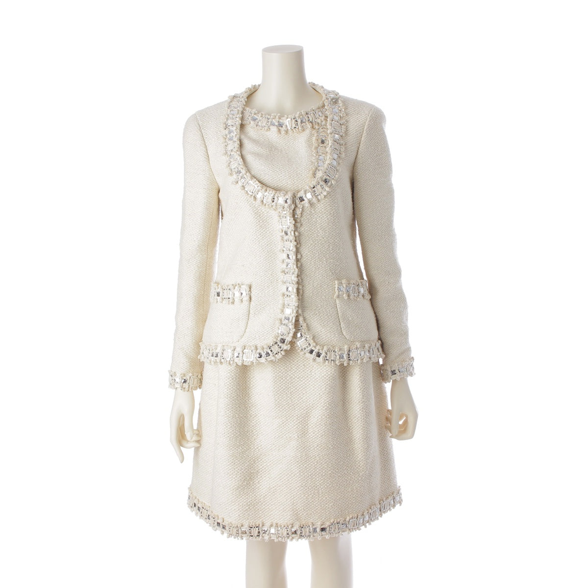 Chanel Bejeweled Tweed Collarless Jacket and Skirt Set P43893 Beige 38