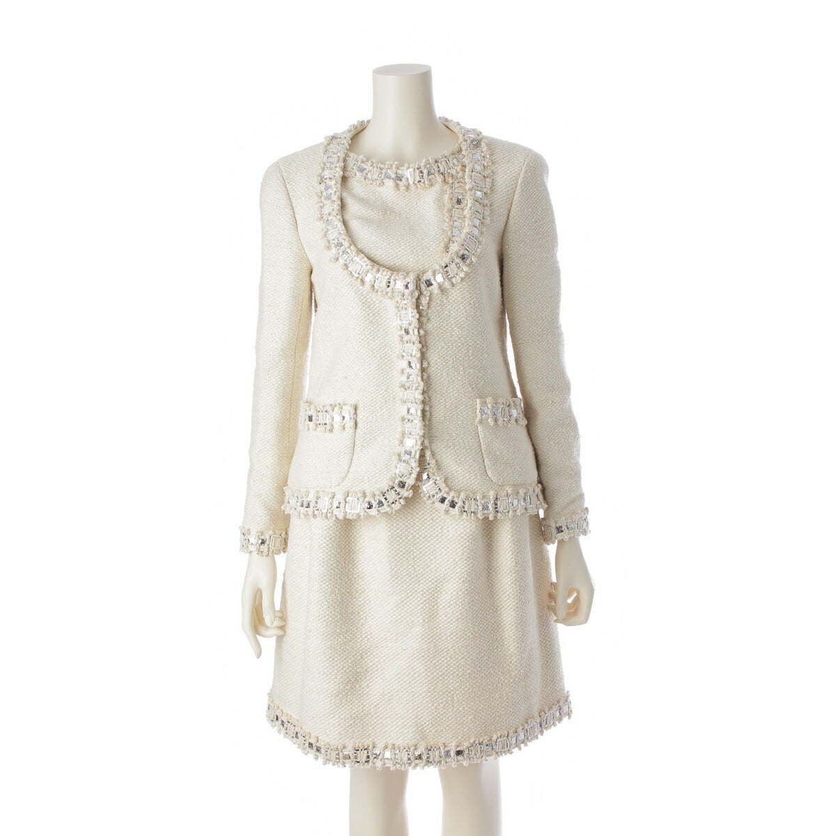 Chanel Bejeweled Tweed Collarless Jacket and Skirt Set P43893 Beige 38 [Used] [Authentic Product Guaranteed]