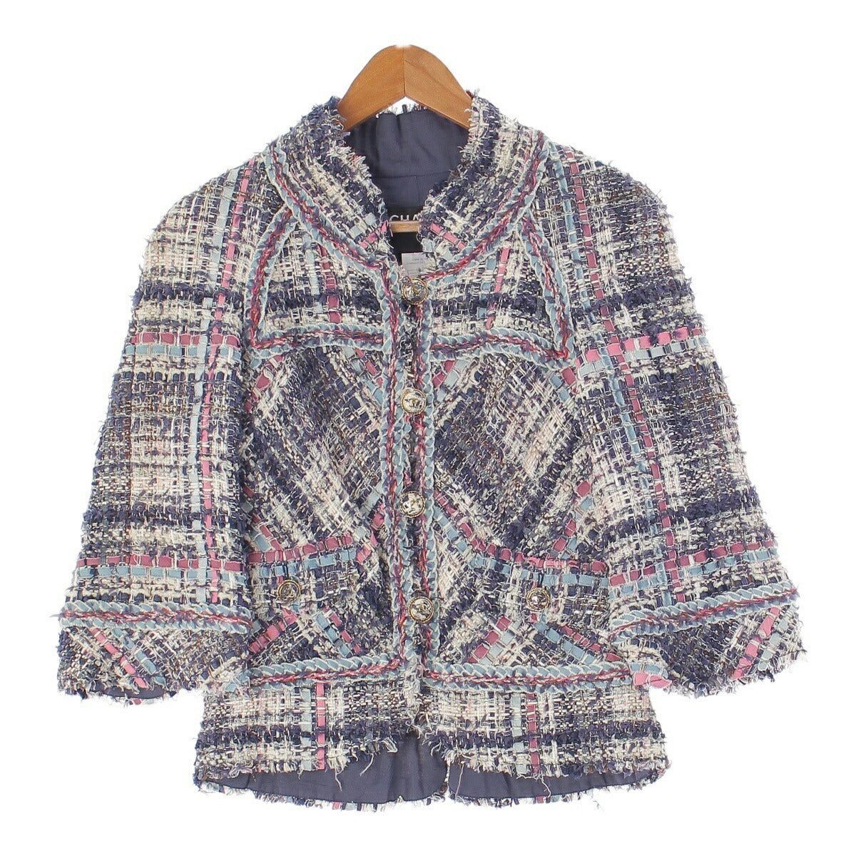 Chanel 07P COCO Mark Tweed Stand Collar Jacket P30529 Blue Multicolor 36 [Used] [Authentic Product Guaranteed]