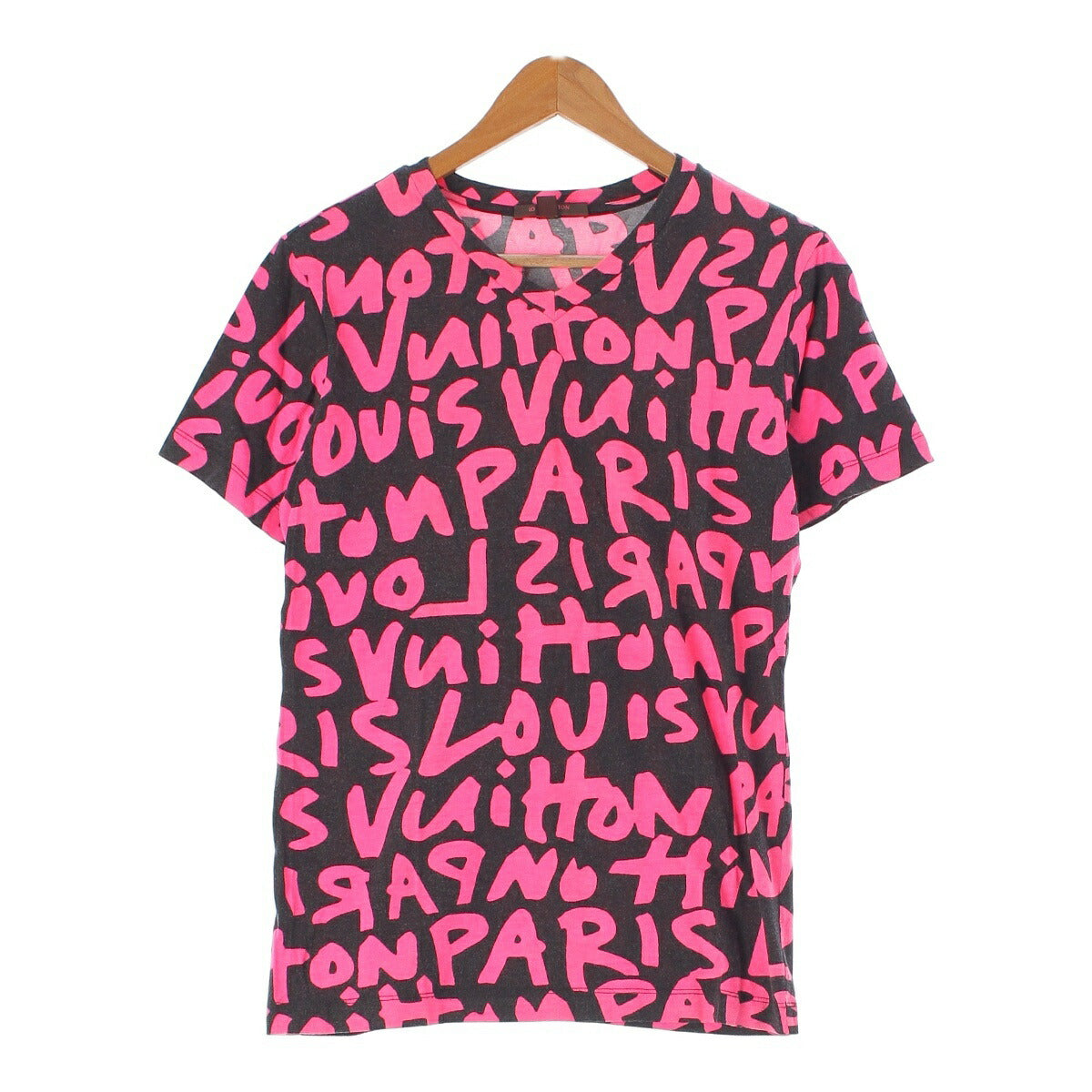 Louis Vuitton Monogram Logo Graffiti V-neck T-shirt Short Sleeve Top Black x Pink S [Used] [Authentic Product Guaranteed]