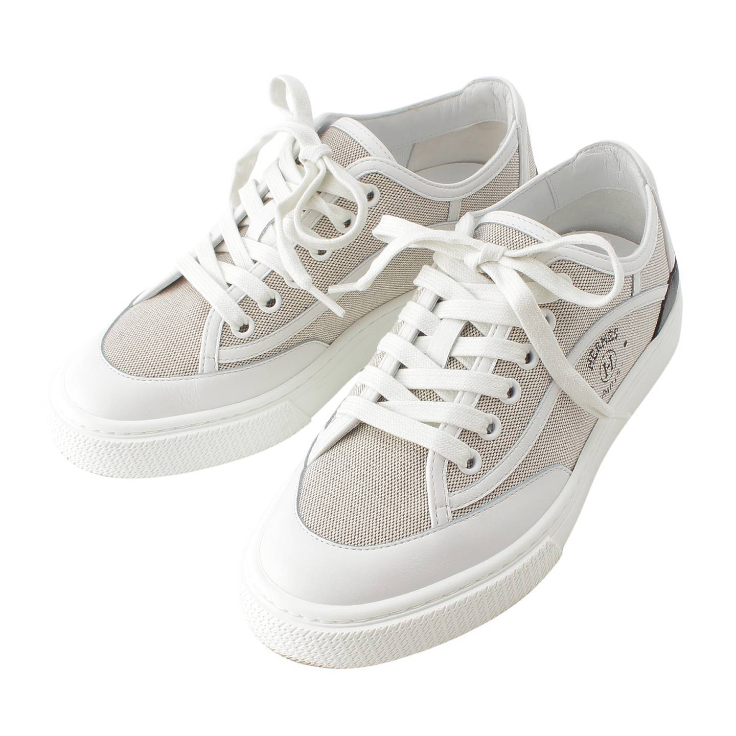 Hermes Get Canvas x Leather Low-Cut Sneakers Logo Toile H White 35