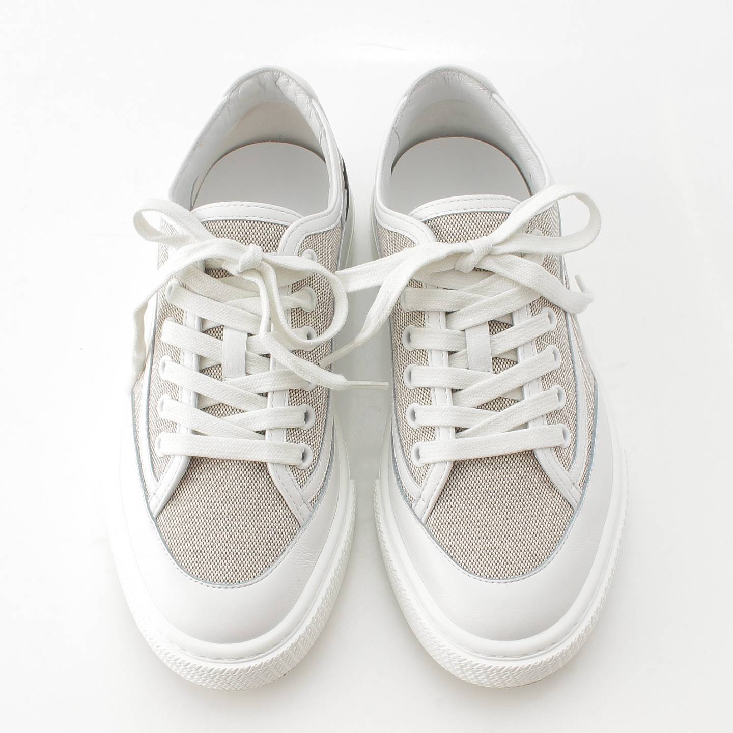 Hermes Get Canvas x Leather Low-Cut Sneakers Logo Toile H White 35