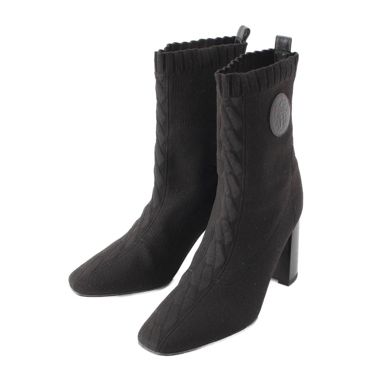 [Hermes] Hermes Volver 60 Knit Heel Boots Black 38 [Used] [Authenticated and Guaranteed Authentic] 215183