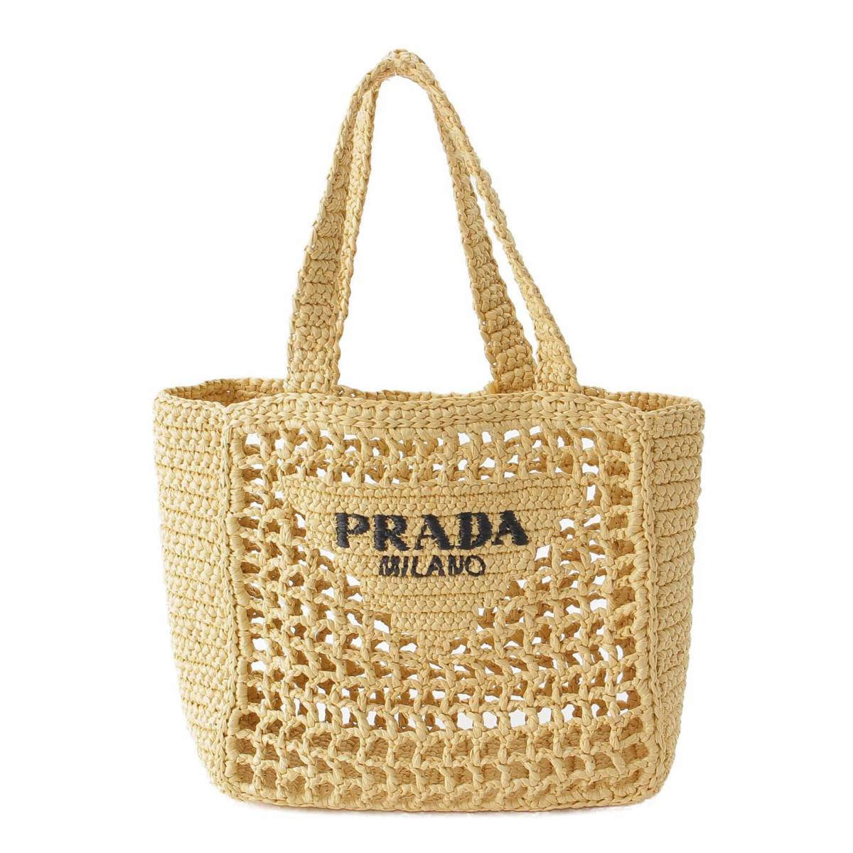 [PRADA] Prada Crochet Logo Small Tote Bag Raffia 1BG422 Natural Beige [Used] [Authenticated and Guaranteed Authentic] 215222