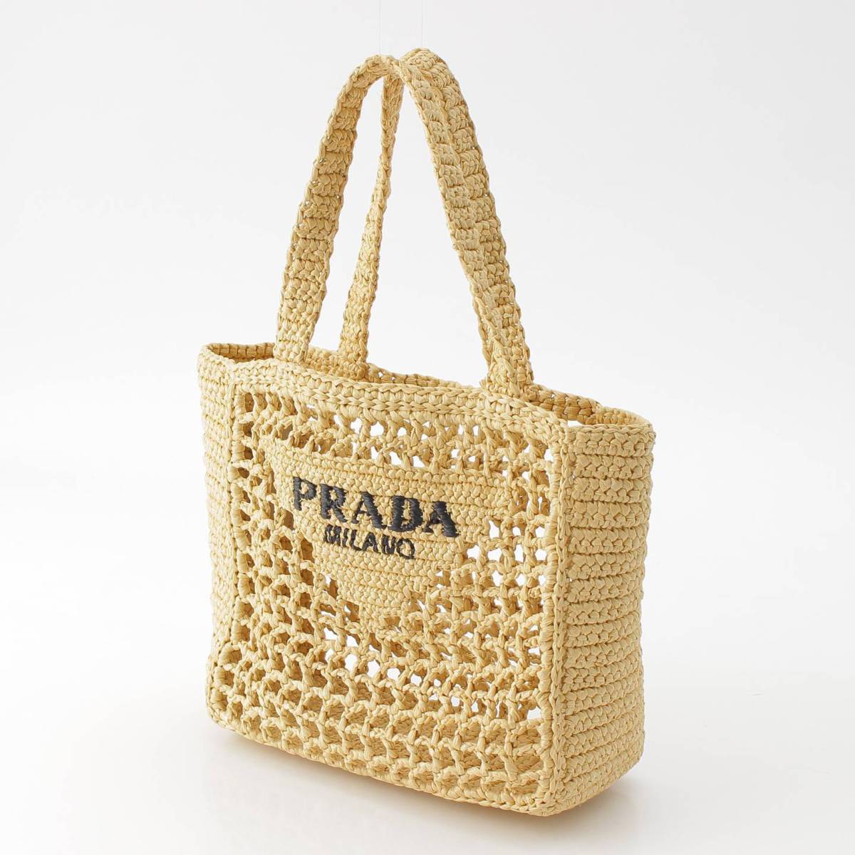 [PRADA] Prada Crochet Logo Small Tote Bag Raffia 1BG422 Natural Beige [Used] [Authenticated and Guaranteed Authentic] 215222