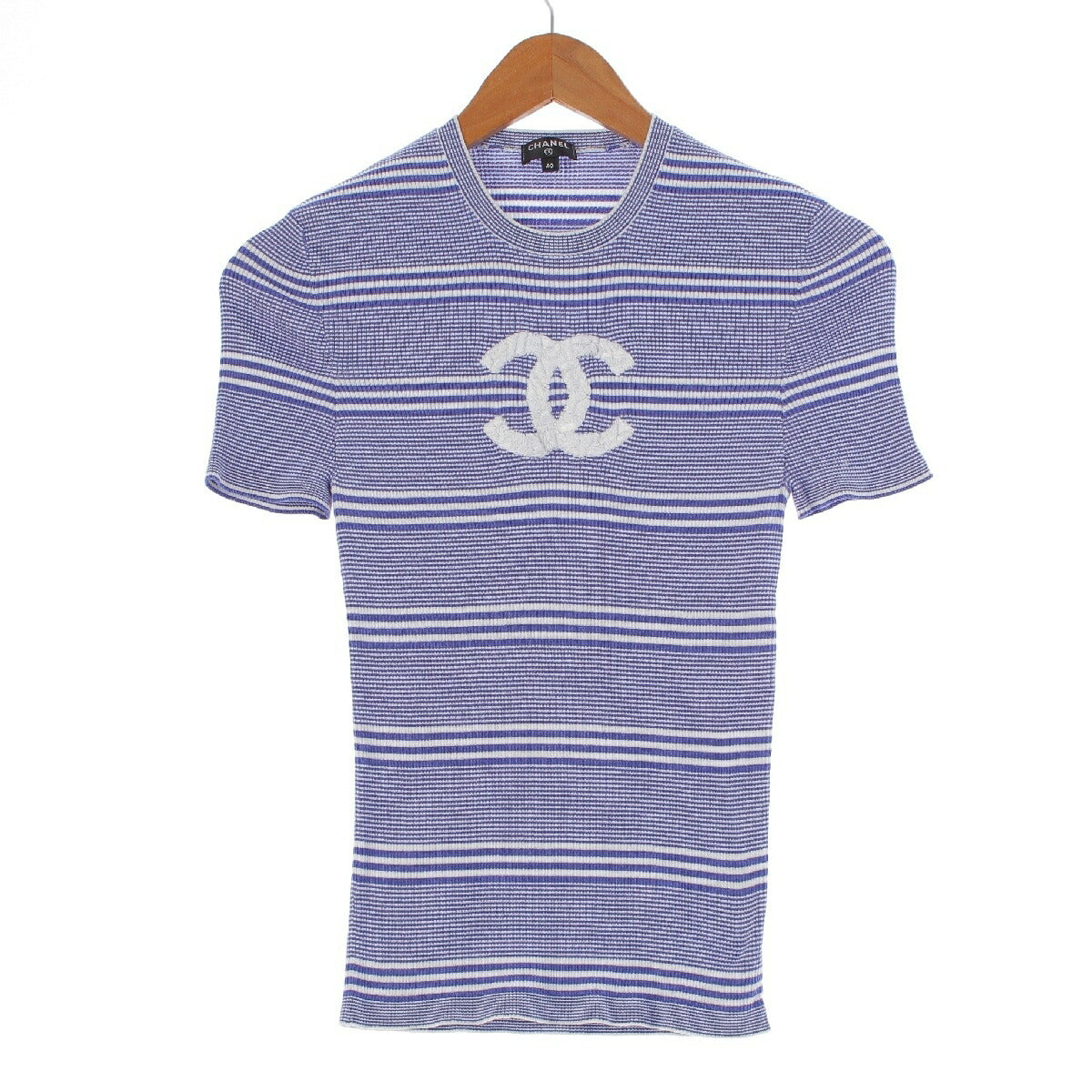 Chanel Cotton COCO Mark Border Cotton Short Sleeve Knit Sweater P60474 Blue 40 [Used] [Authentic Product Guaranteed]