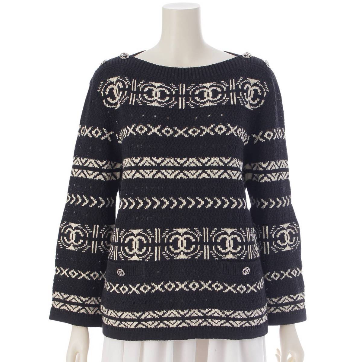 [Chanel] Chanel COCO Mark Cotton Monotone Knit Sweater Pullover P63046 Black 36 [Used] [Authenticated and Guaranteed Authentic] 215346