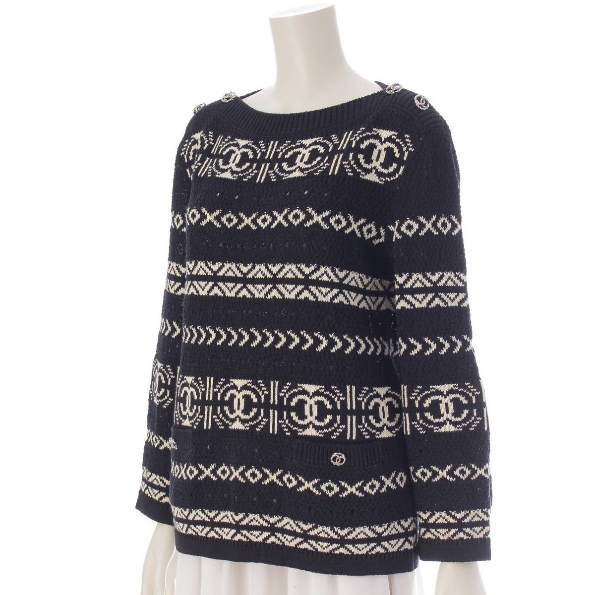 [Chanel] Chanel COCO Mark Cotton Monotone Knit Sweater Pullover P63046 Black 36 [Used] [Authenticated and Guaranteed Authentic] 215346