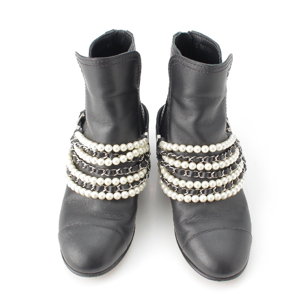 Chanel COCO Mark Pearl Chain Leather Belt Short Boots Black G33931 36 1/2