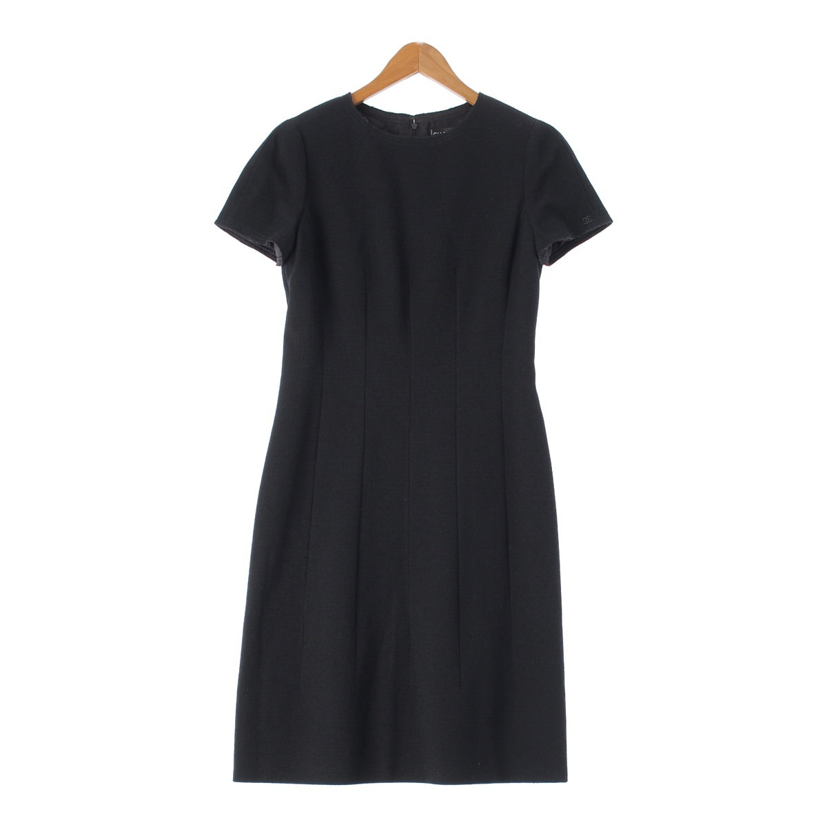 CHANEL 06A Wool silk COCO Mark Camellia Lining Knee Length Short Sleeve one piece dress P28928 black 40