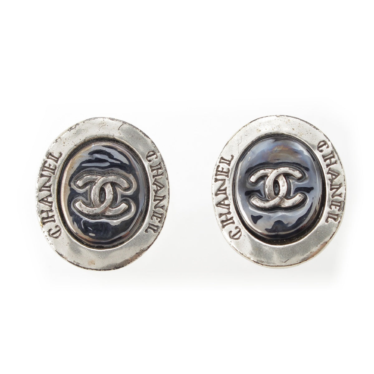 Chanel 99A COCO Mark Gripoa Oval Earring Pierce Silver x Black