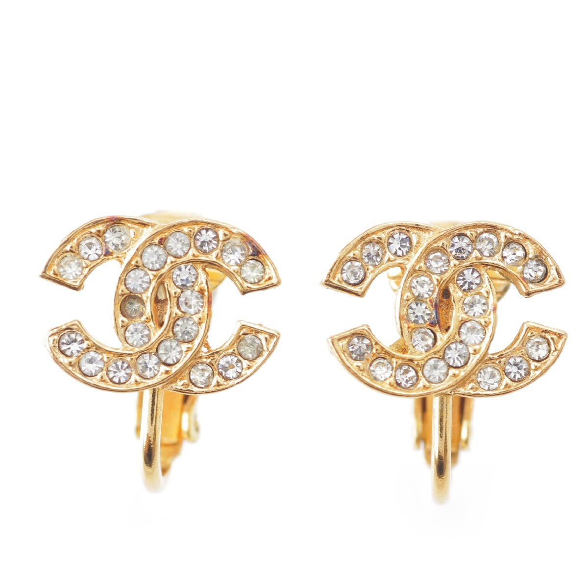 Chanel COCO Mark Vintage Rhinestone Bijou Earring Pierce Gold