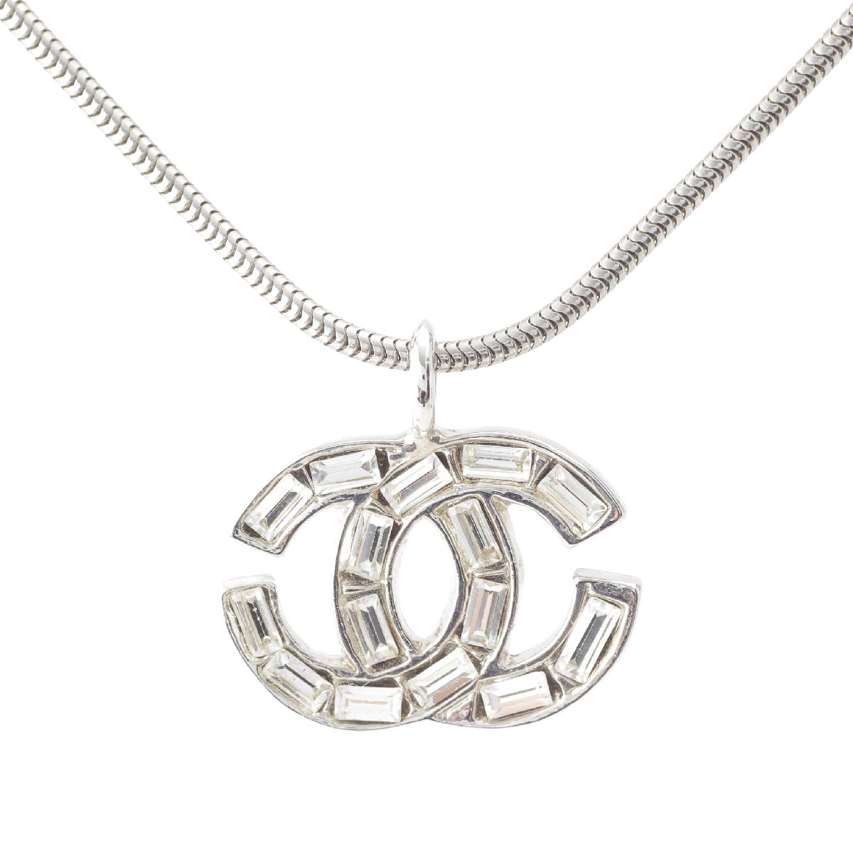 Chanel 01P Metal COCO Mark Chain Necklace Rhinestone Silver