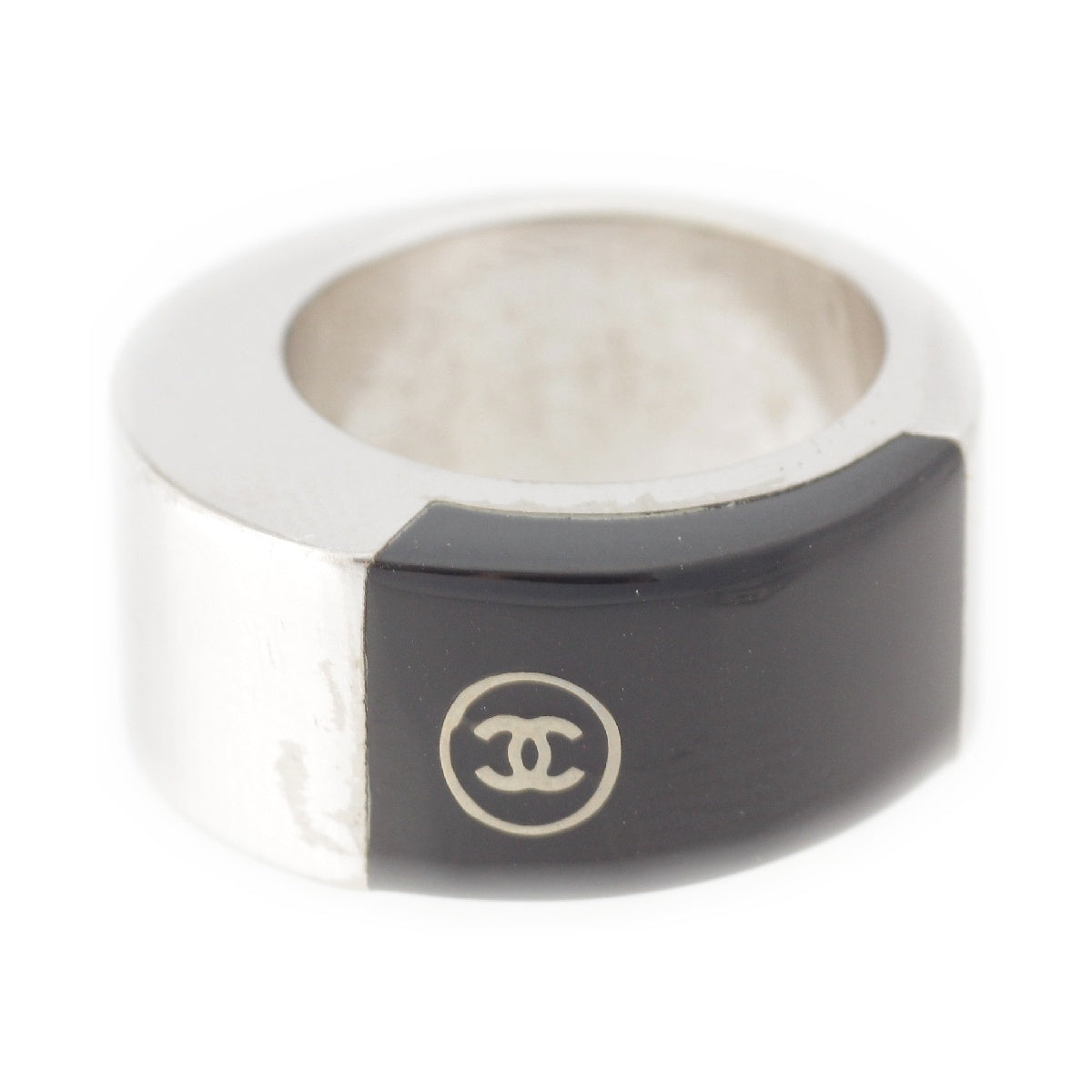 Chanel 00A COCO Mark Metal Bicolor Ring, Black x Silver, Size 13