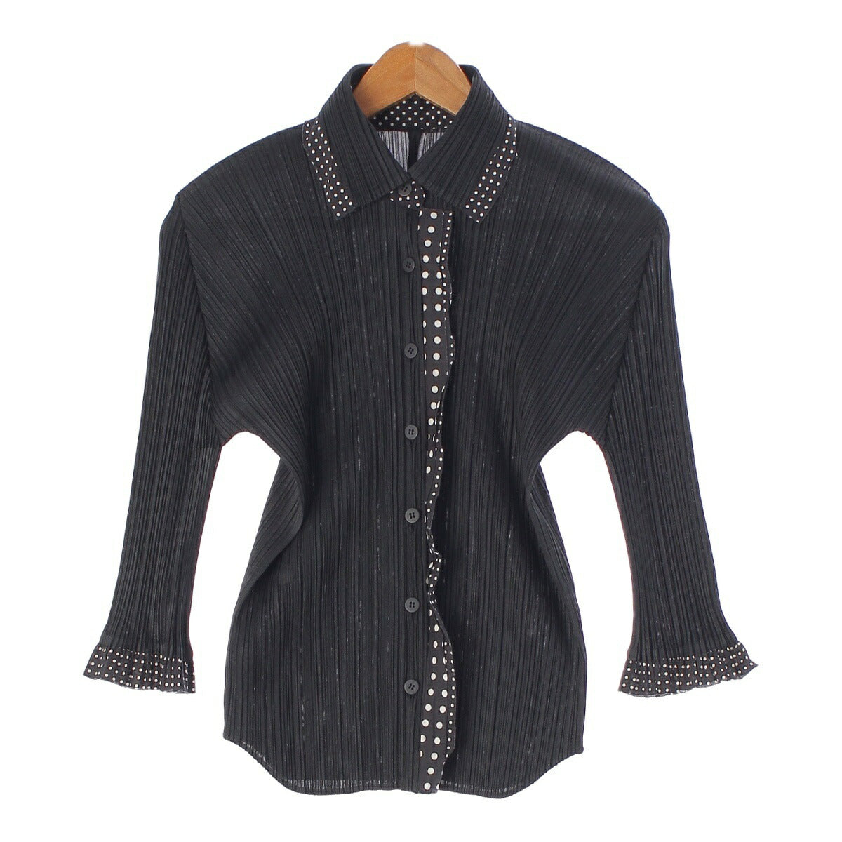 Pleated Please Issey Miyake Dot Ruffle Long Sleeve Shirt Blouse Top PP43-JJ672 Black 3 [Used] [Authentic Product Guaranteed]