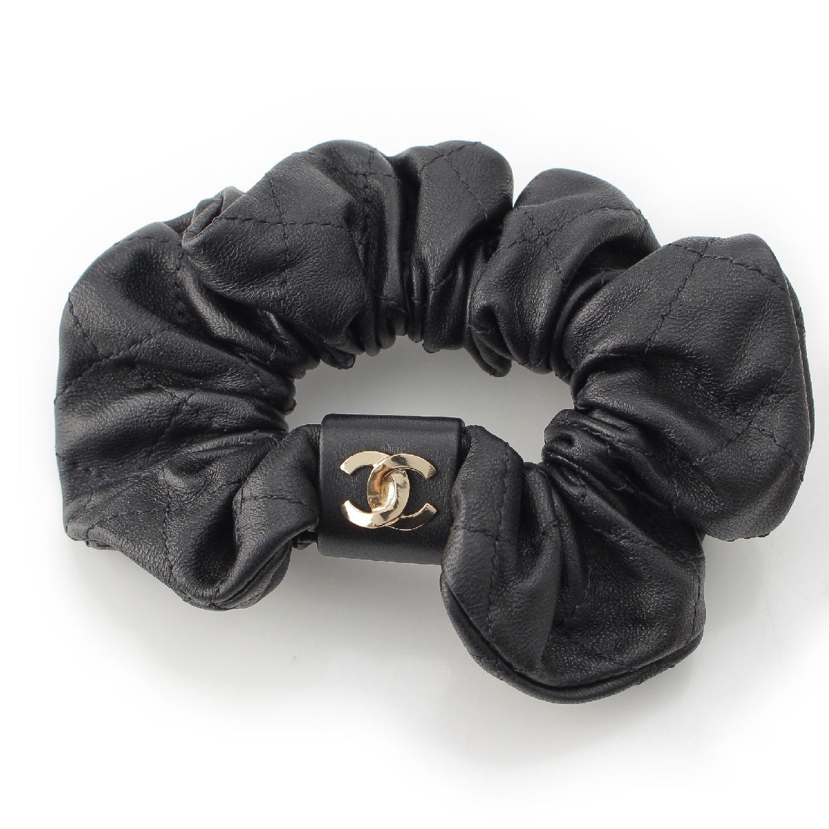 Chanel A21K COCO Mark Lambskin Matelasse Scrunchie Hair Accessory Black