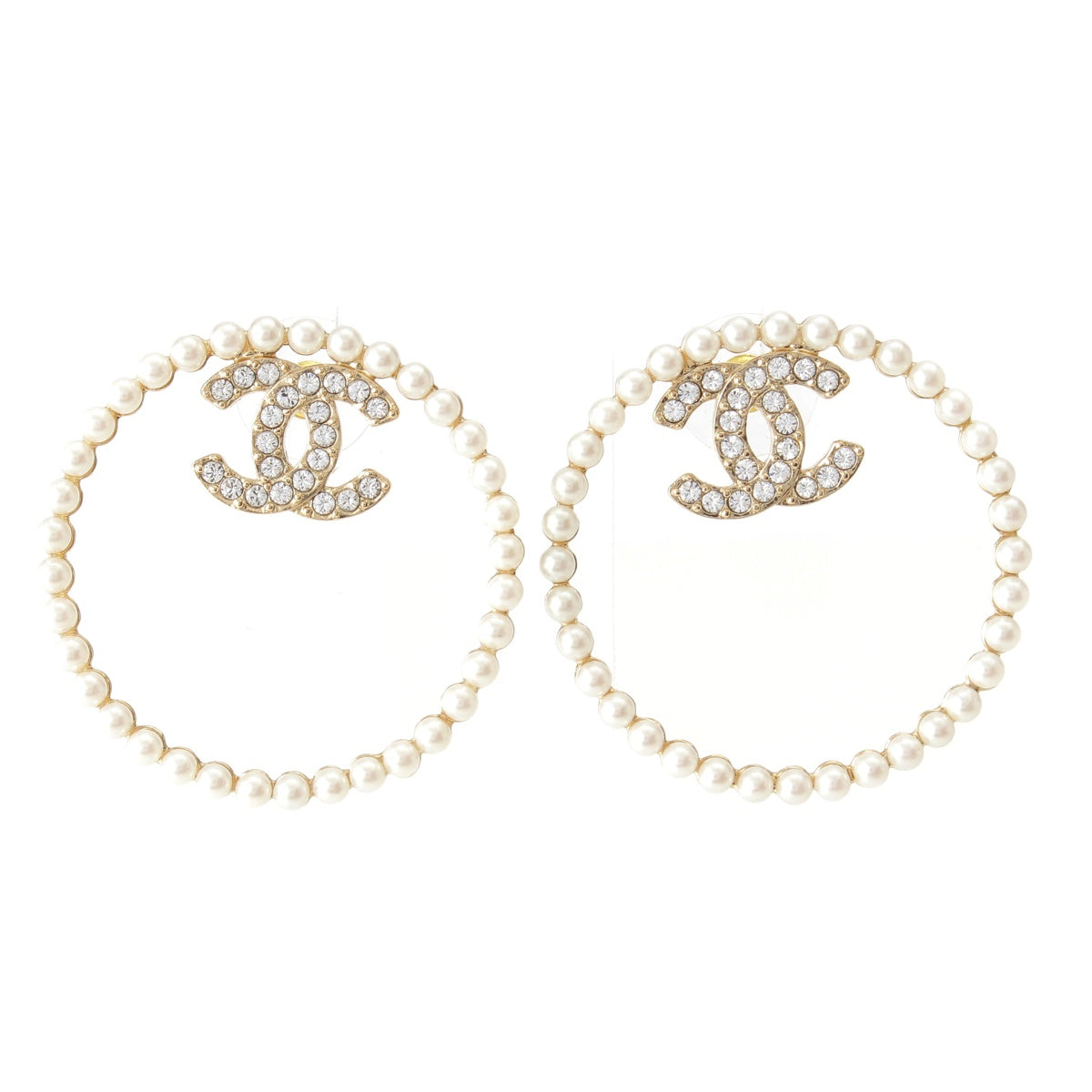 Chanel B22B COCO Mark Rhinestone Pearl Hoop Earrings GP Gold