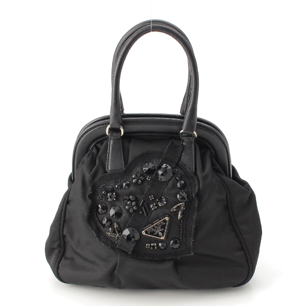 PRADA Evening Bear Nylon Jewel Heart Triangle Logo Mini Handbag Black