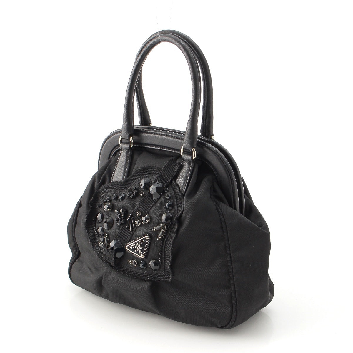 PRADA Evening Bear Nylon Jewel Heart Triangle Logo Mini Handbag Black