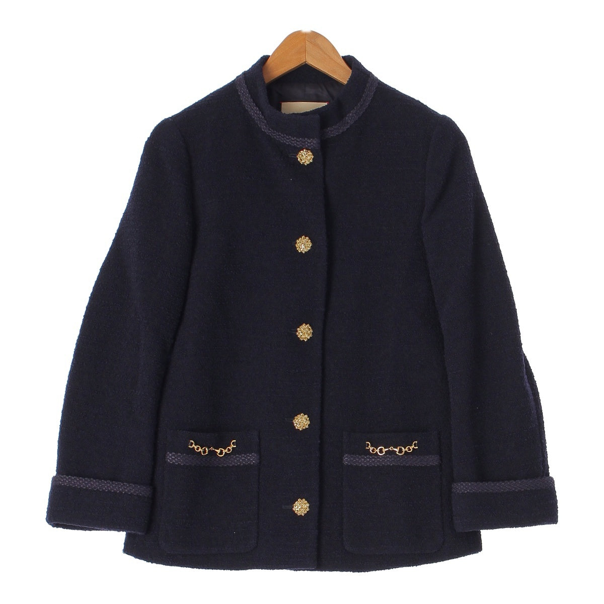 Gucci Horsebit Wool x Nylon Tweed Gold Button Jacket 649322 Navy 40