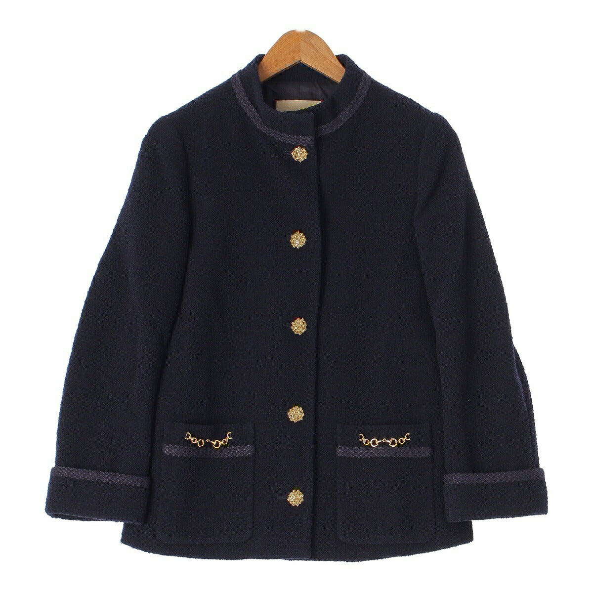 Gucci Horsebit Wool x Nylon Tweed Gold Button Jacket 649322 Navy Size 40 [Used] [Authentic Guaranteed]