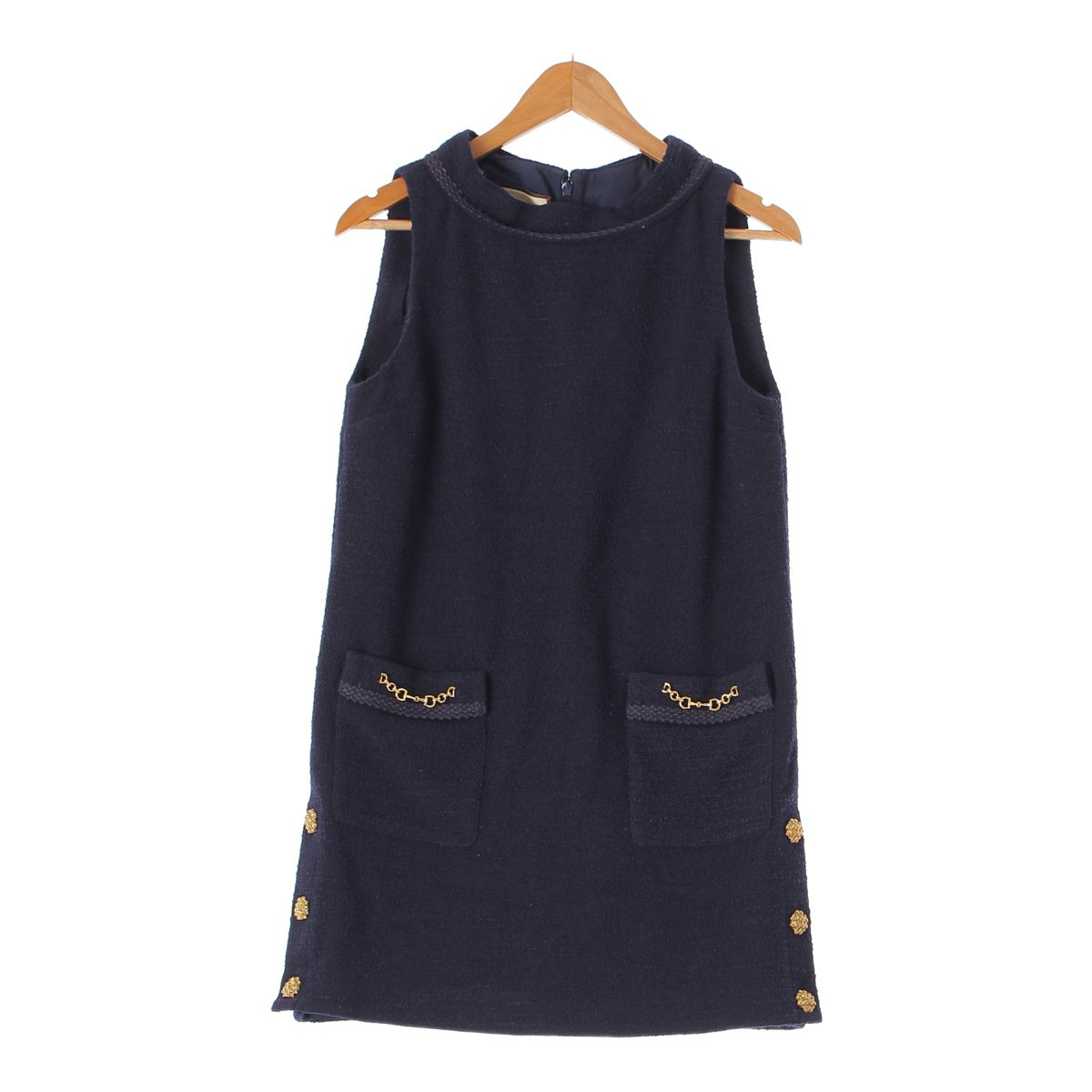 Gucci Horsebit Gold Button Wool x Nylon Tweed Dress 652725 Navy 40