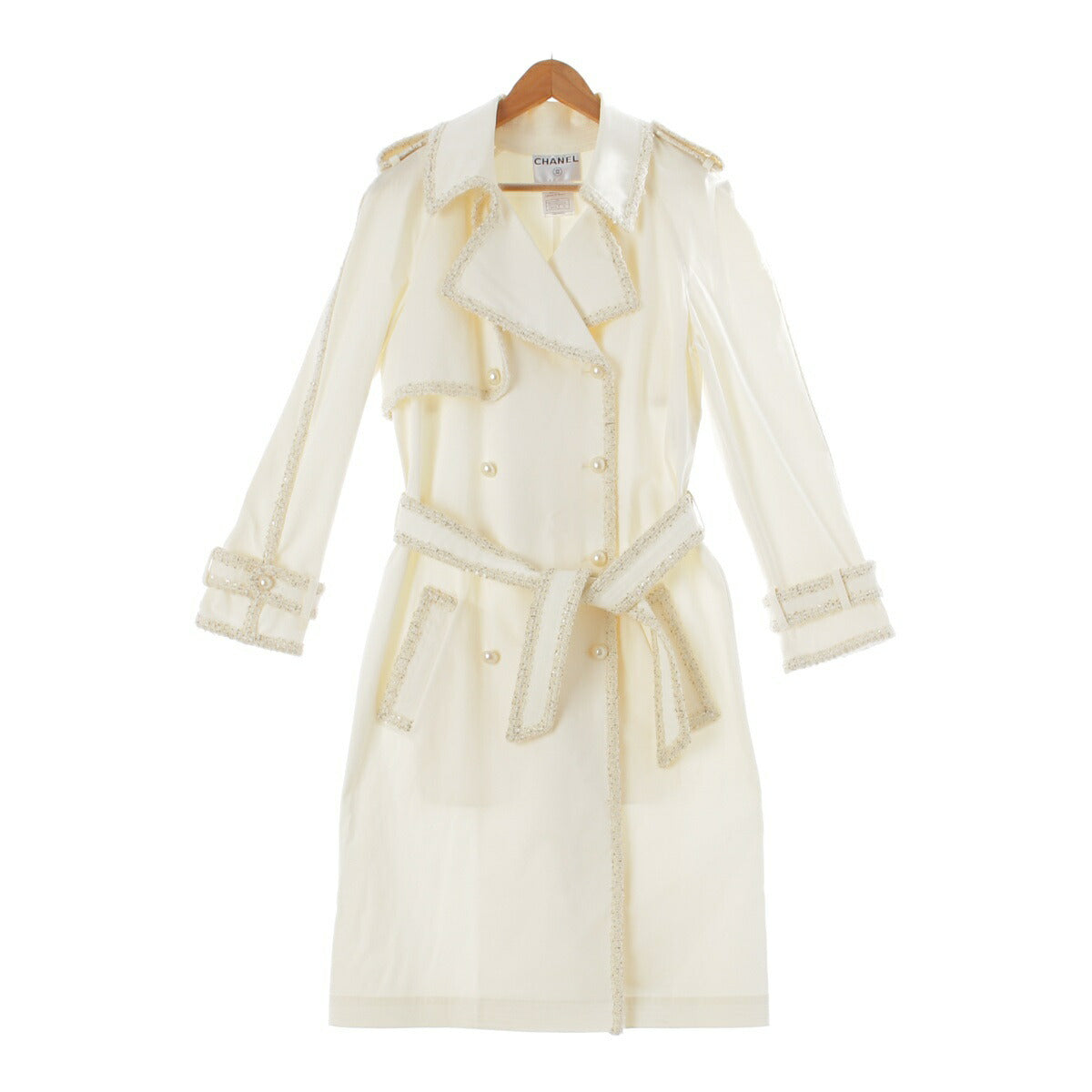 Chanel 04P pearl double button belted tweed trench coat P23284 white 38 [Used] [Authentic product guaranteed]