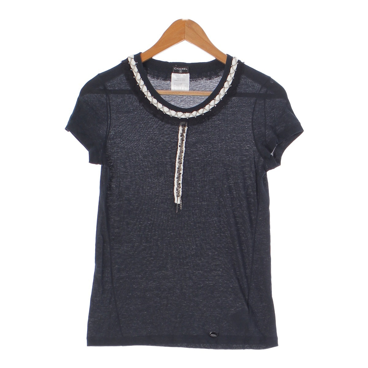 Chanel 06P Chain Jeweled Cotton Cut and Sewn T-Shirt Top P28523 Navy 38