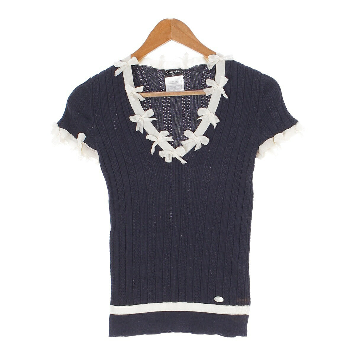 Chanel 06P Ribbon Motif Short Sleeve Knit Top V-Neck P28034 Navy White 38 [Used] [Authentic Product Guaranteed]