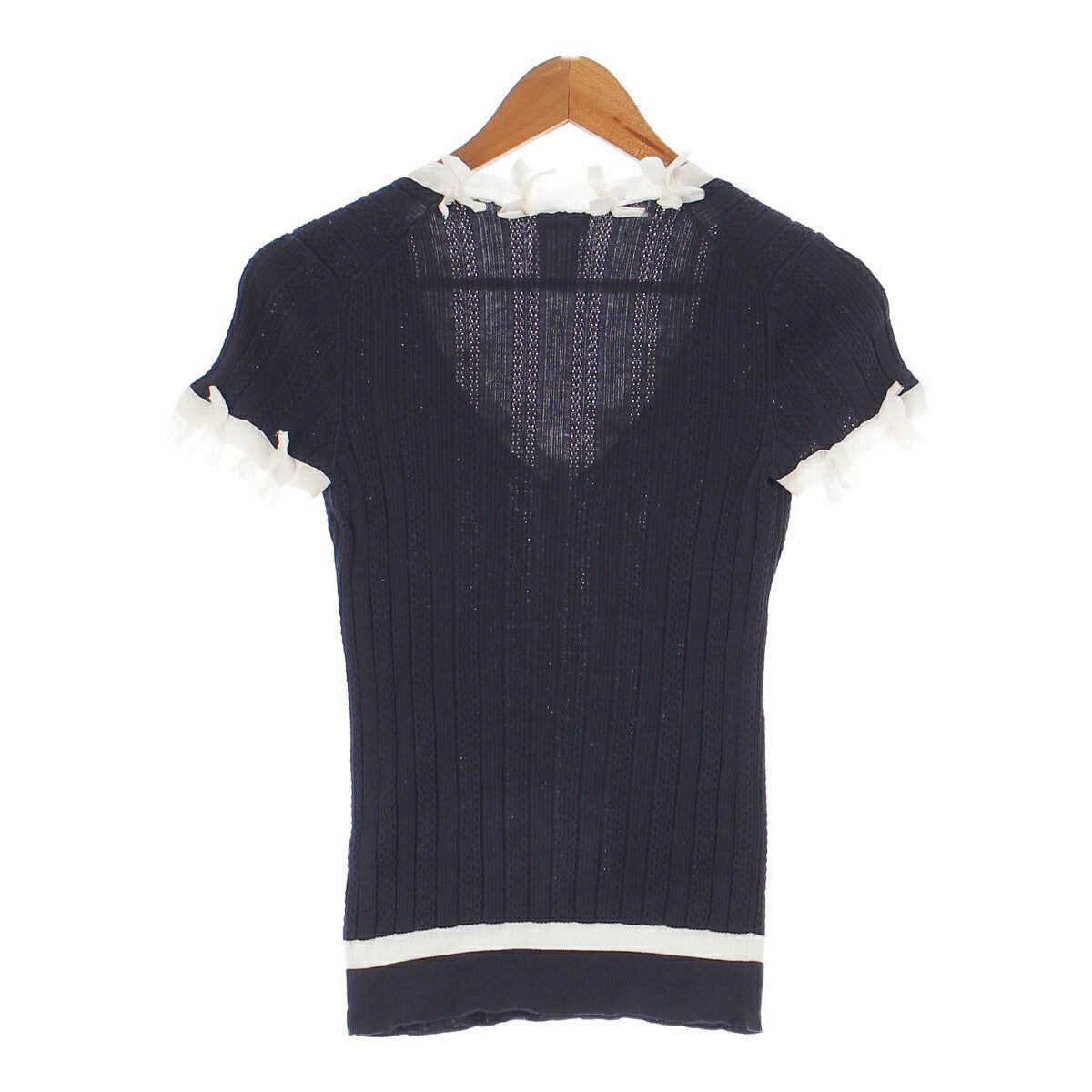 Chanel 06P Ribbon Motif Short Sleeve Knit Top V-Neck P28034 Navy White 38 [Used] [Authentic Product Guaranteed]