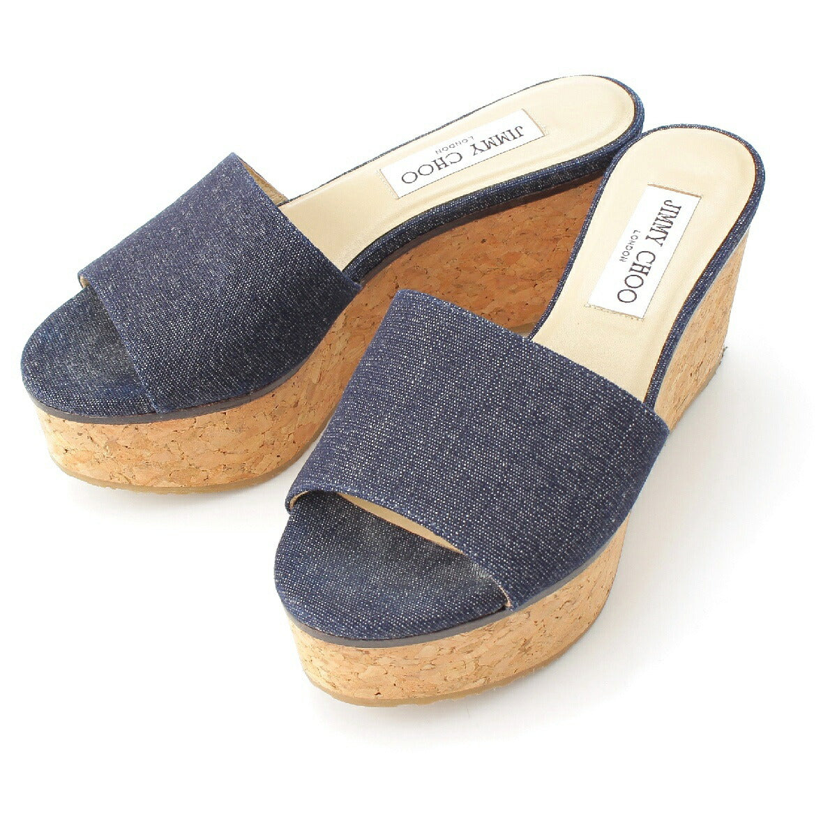 Jimmy Choo DEEDEE80 Denim Cork Platform Heel Shower Sandals Mules Blue Brown 36 [Used] [Authentic Guaranteed]