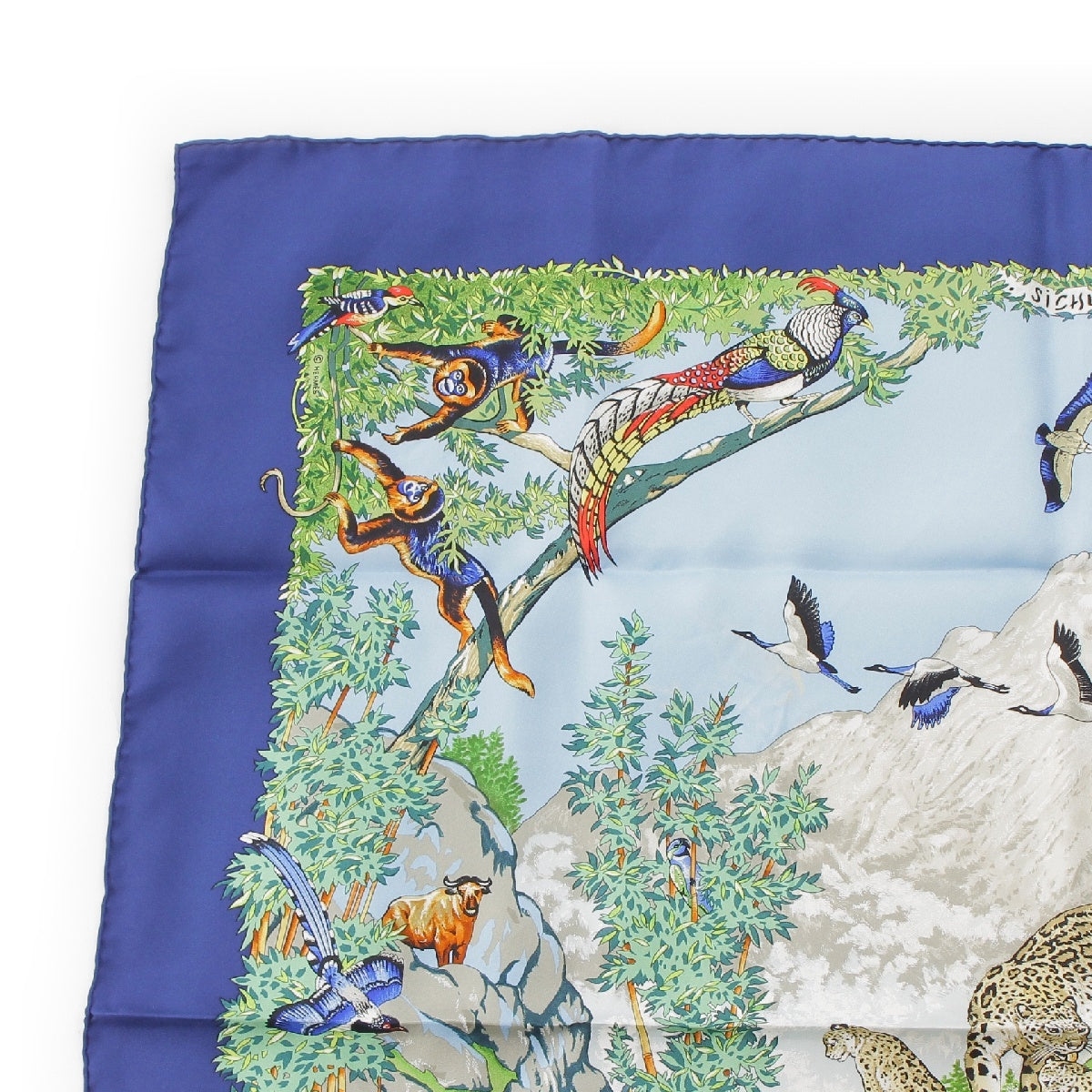 Hermes Carre 90 SICHLIAN Sicilian Animals Animal Pattern Silk Scarf Green x Navy