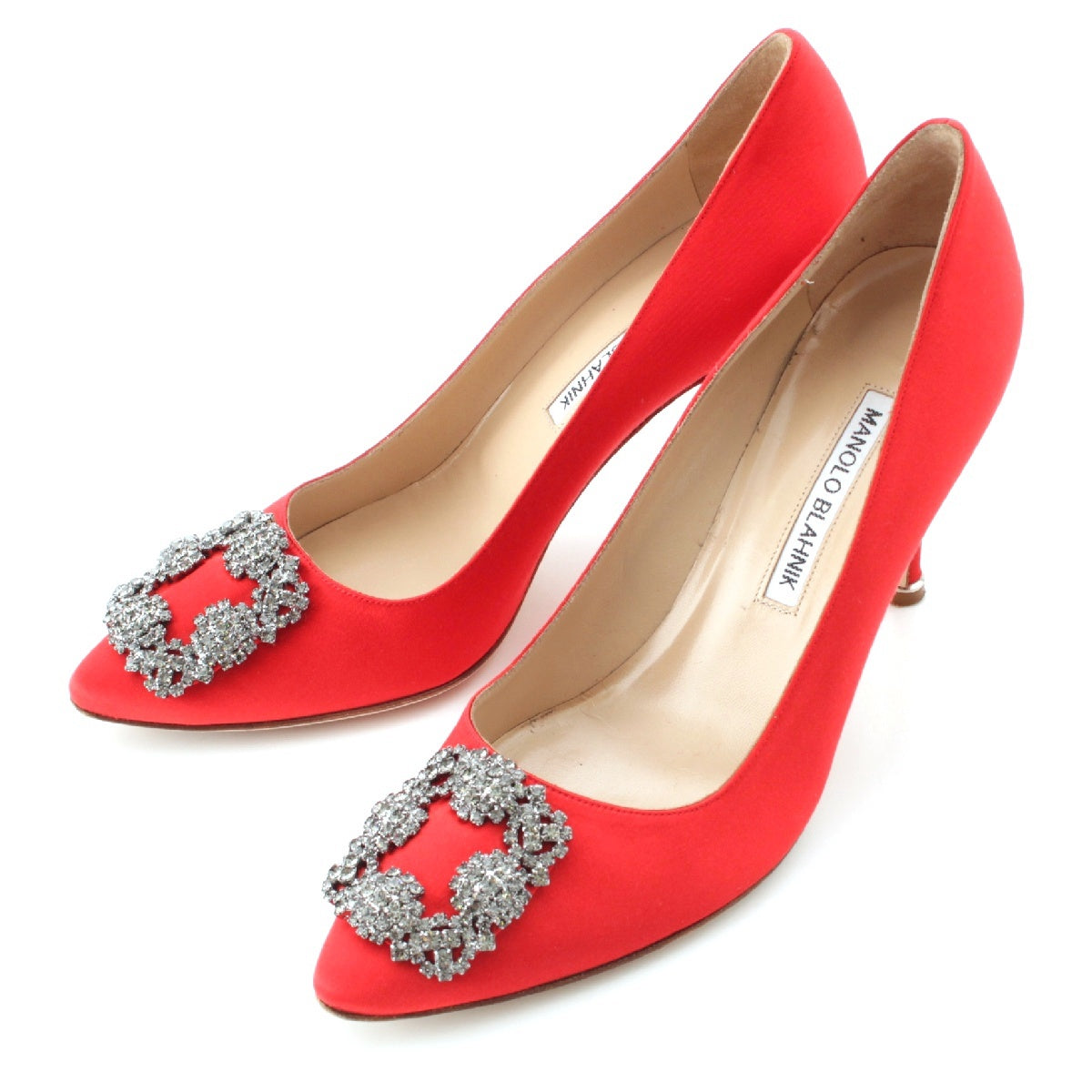 MANOLO BLAHNIK Hangishi Satin crystal heels pumps CHAOS 70 4097 SNAKE Red 38