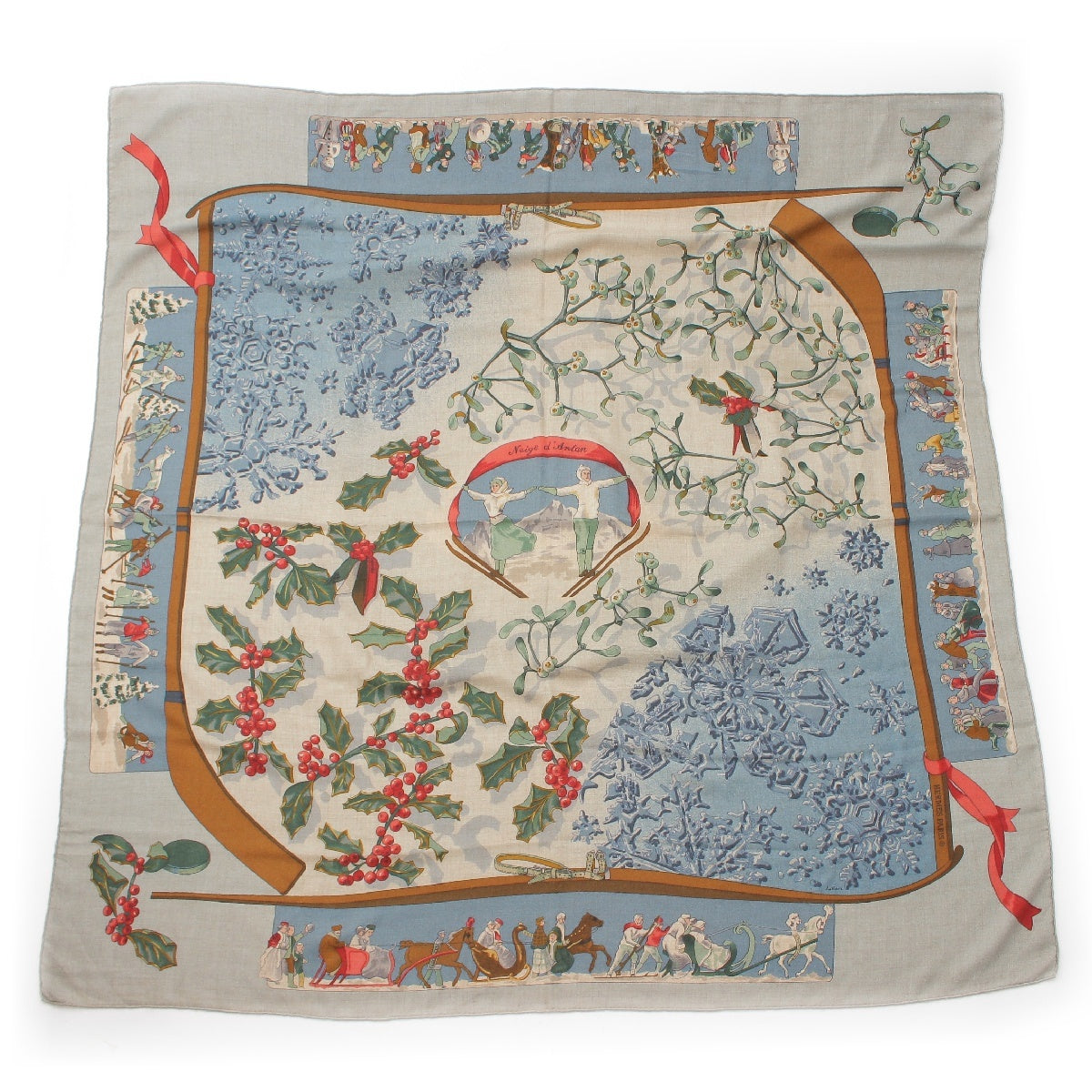 HERMES Caléjean 140 neige d antan last year's snow cashmere silk Large format scarf Stall shawl Blue gray