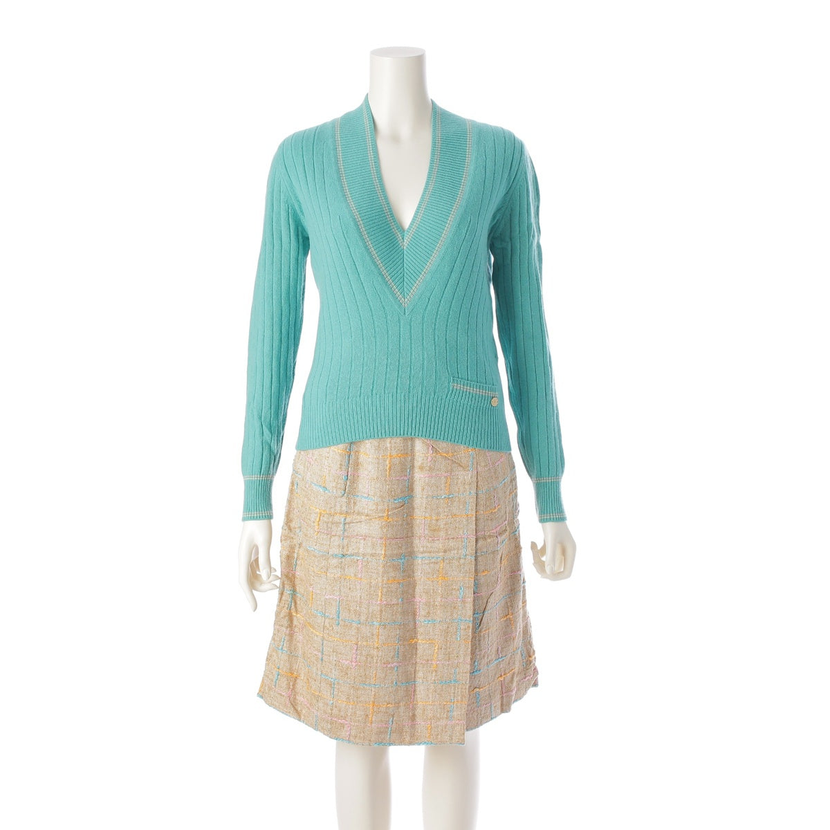 Chanel 01P Cashmere Tweed Knit Set P17770 Turquoise Blue 38