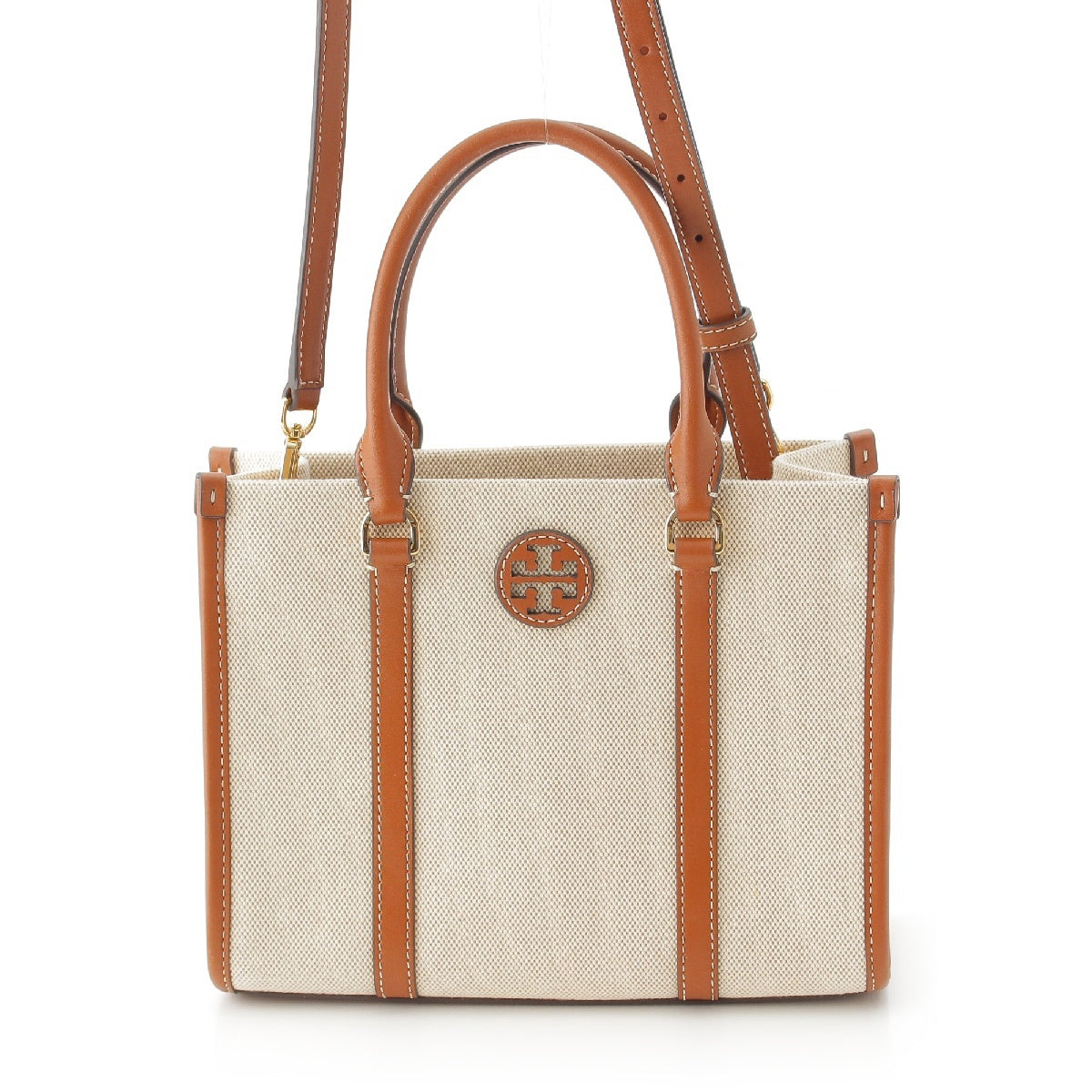 Tory Burch Monogram canvas Stitch 2way Shoulder Handbag Gold Metal White Brown