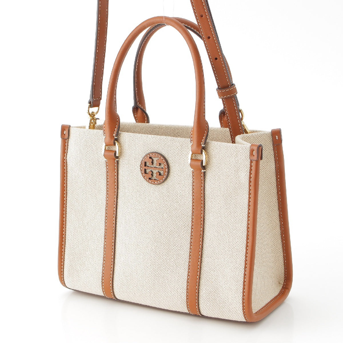 Tory Burch Monogram canvas Stitch 2way Shoulder Handbag Gold Metal White Brown