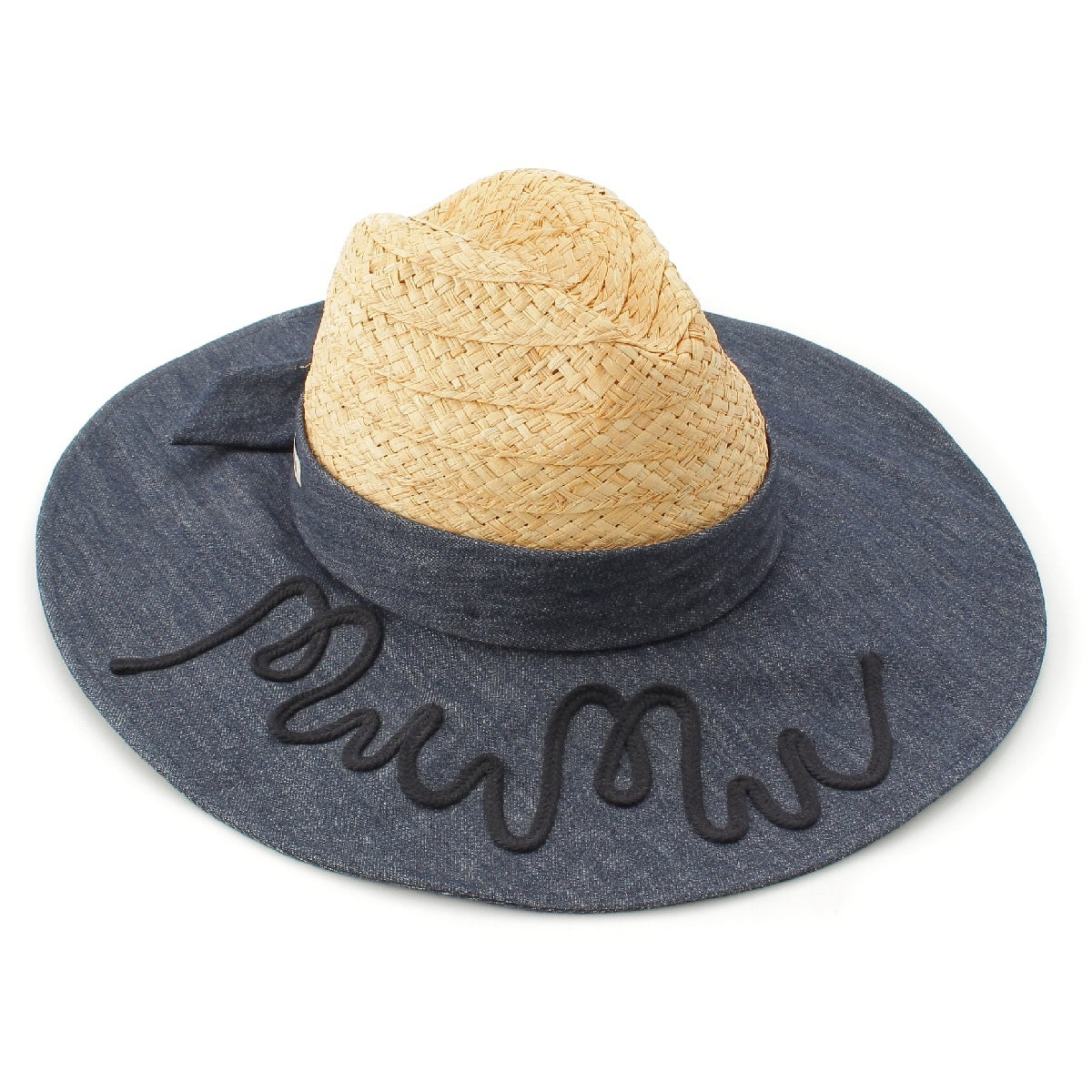 MIUMIU Cotton Straw Logo denim ribbon hat hat Blue beige M