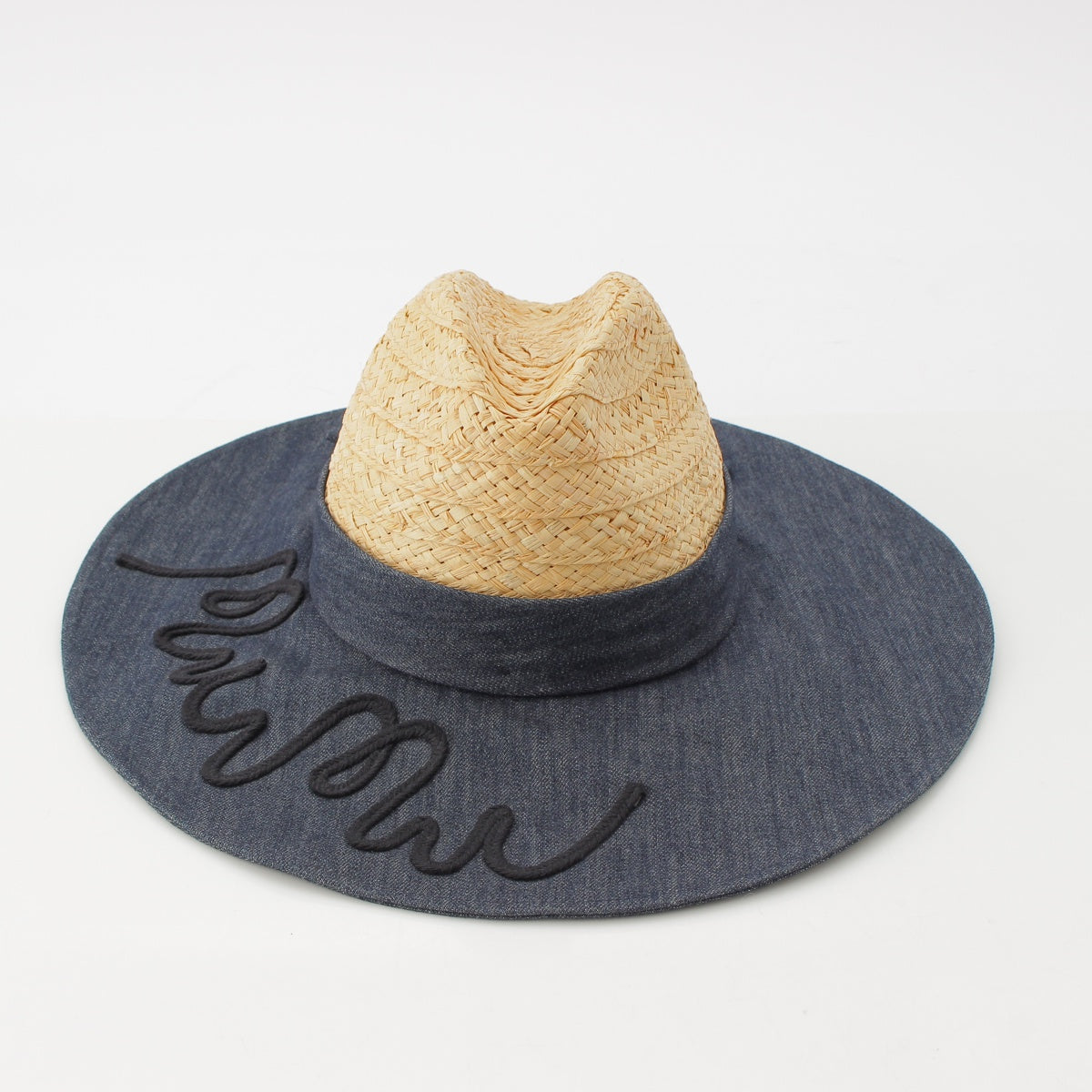 MIUMIU Cotton Straw Logo denim ribbon hat hat Blue beige M