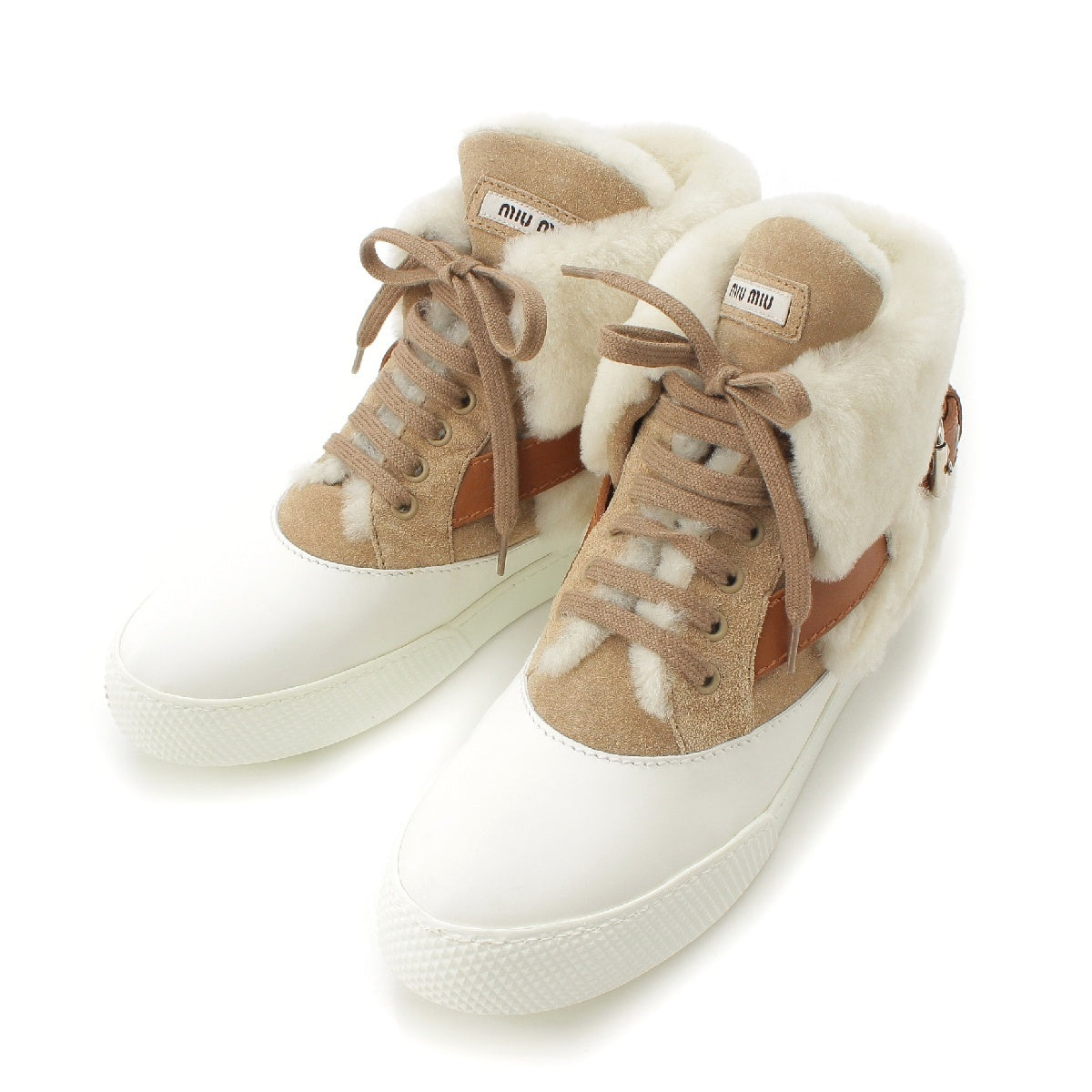 MIUMIU boa fur Logo belt high top sneakers shoes beige 38 2/1