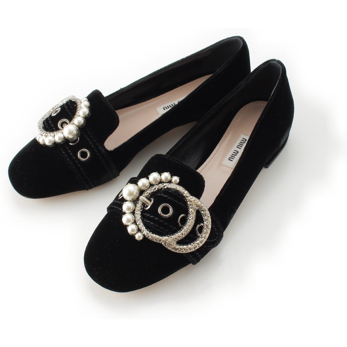 MIUMIU Velour Velvet Pearl Jewel Buckle Flat pumps Opera shoes black 37 2/1