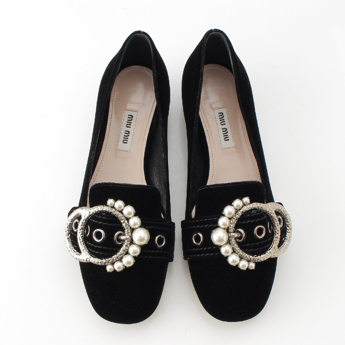 MIUMIU Velour Velvet Pearl Jewel Buckle Flat pumps Opera shoes black 37 2/1