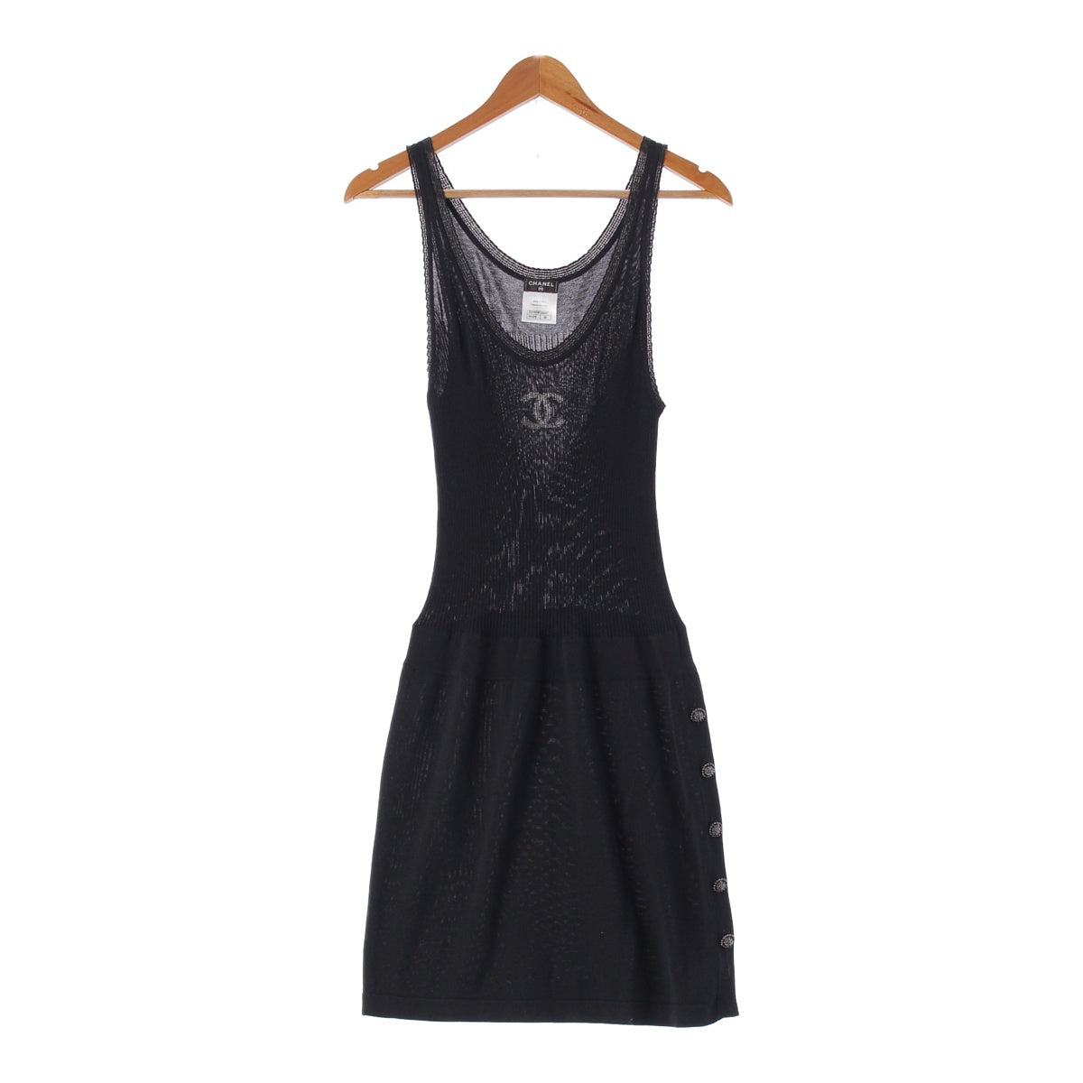 CHANEL 10 years Cotton silk COCO Mark Rib Knit Lion Button one piece Sleeveless tank top P37893  black 38